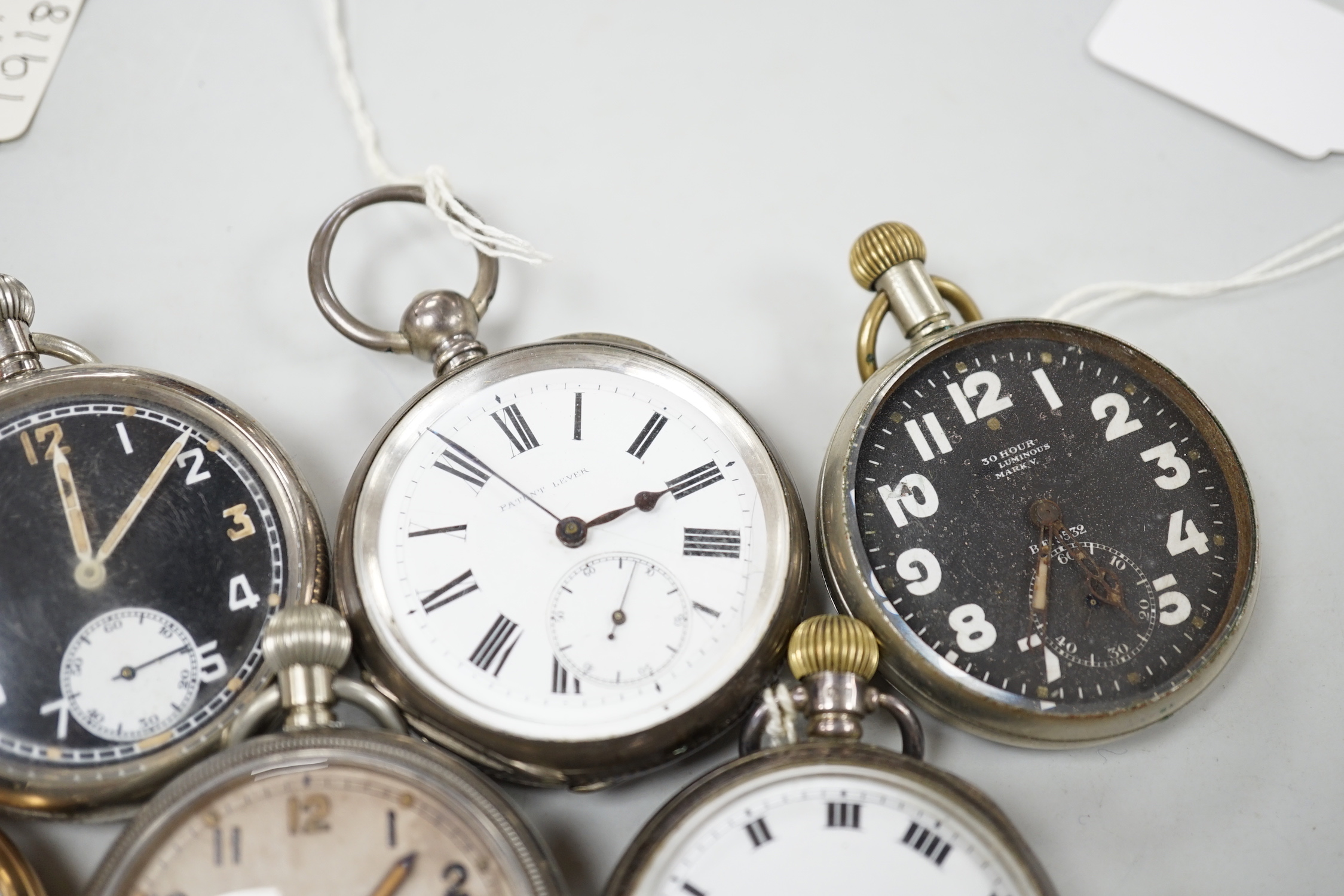 Eleven assorted gold plated or base metal pocket watches including three Waltham and Doxa military black dial.